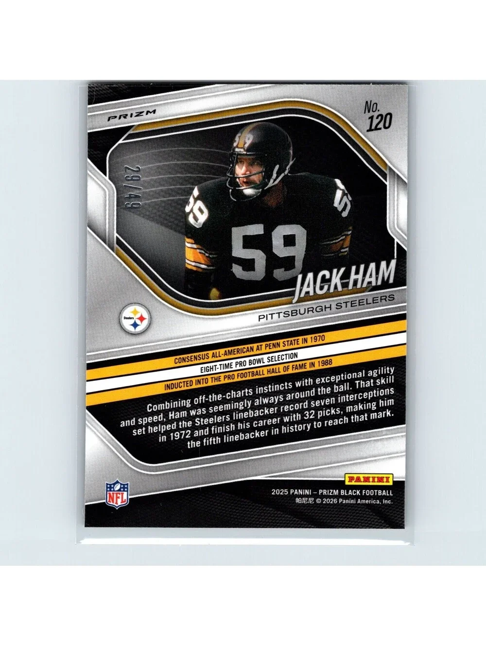 2025 Panini Prizm Black Jack Ham #120 Prizms Orange #/49 Pittsburgh Steelers